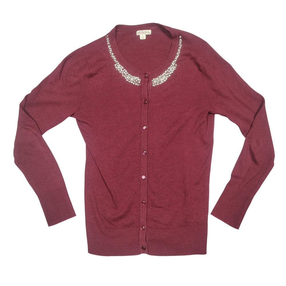 Merona Cardigan Women S Rayon Rhinestone Embellished Button Down Burgundy Red